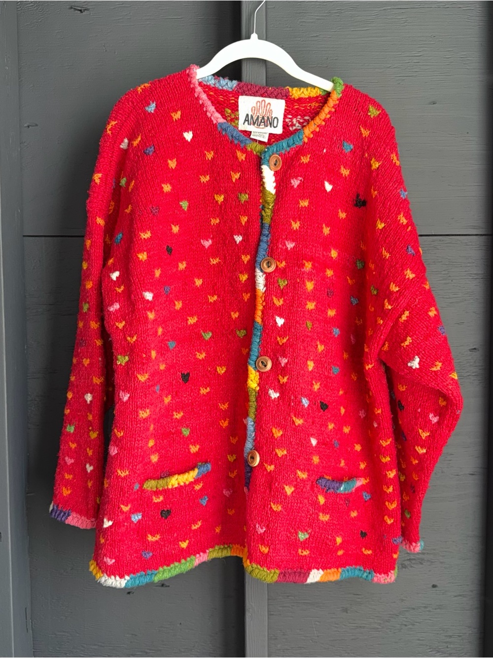 Amano Vintage Hand Knit Wool Cardigan Heart Rainbow Red Sweater One Size OS